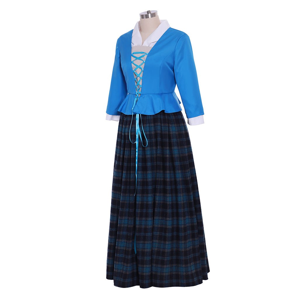 Outlander Claire Cosplay Kostüm | Schottisches Highland Blau Kleid mit Karriertem Faltenrock