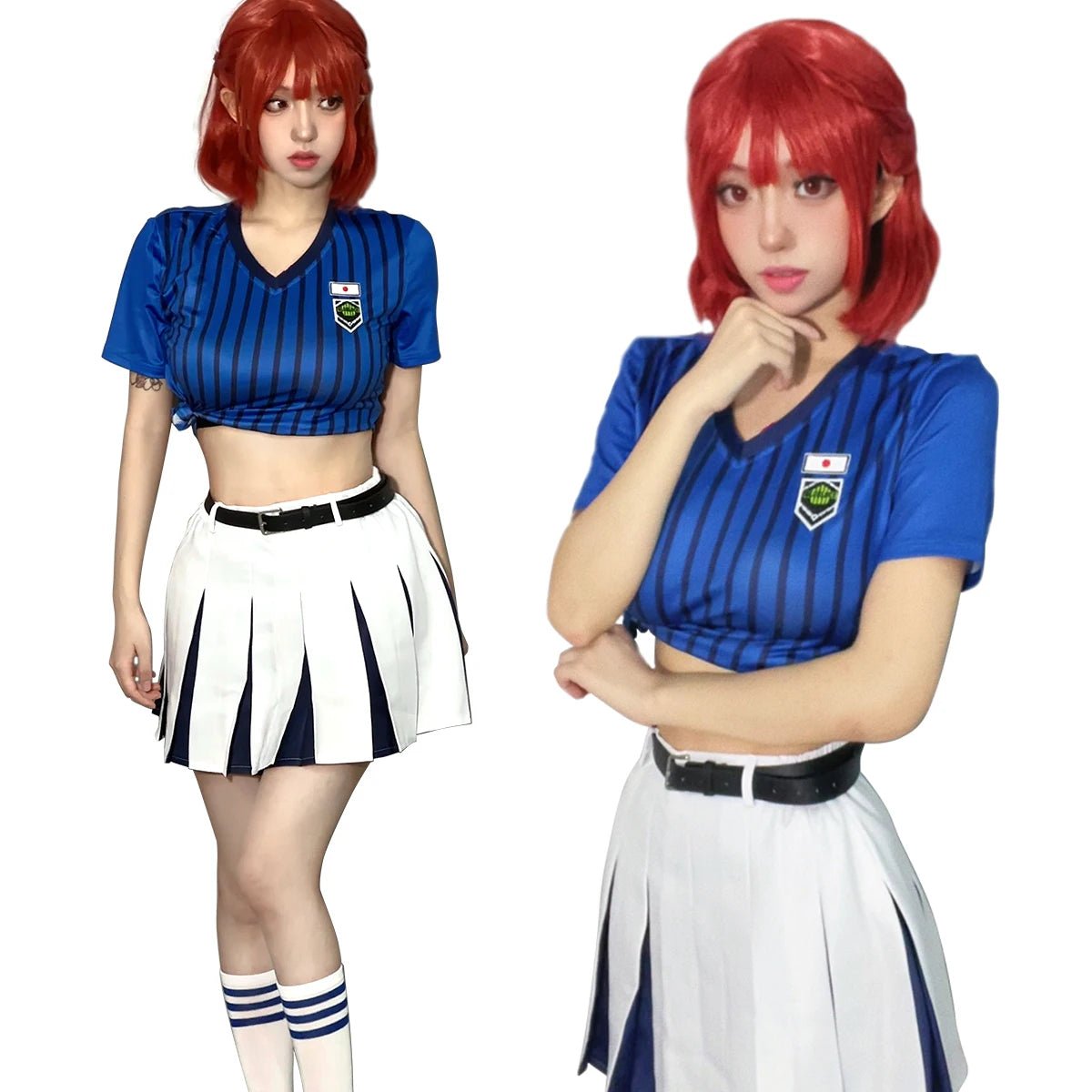 Blue Lock Anime Anri Teieri Cosplay Kostüm Perücke Cheerleading Team Rock Uniform Streifen T-Shirt Strumpfhosen Rose Netz Synthetik