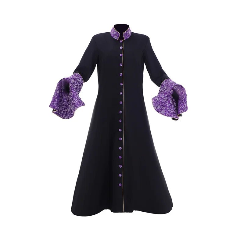 Mittelalter Priesterin Robe Kostüm - Damen Schwarz Trompetenärmel Kleriker Kassocke mit Umhang | Silberkönig Cosplay Serie