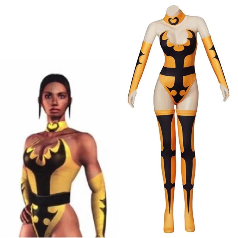 Mortal Kombat X Tanya Cosplay Kostüm | Gelber Jumpsuit Bodysuit mit Handschuhen & Strümpfen