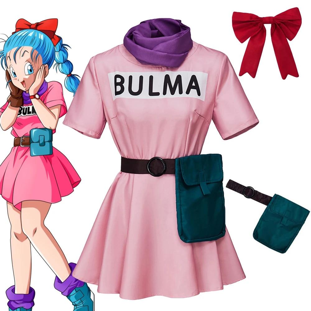 Anime Dragon Ball Bulma Cosplay Kostüm Rosa Kleid mit Zubehör