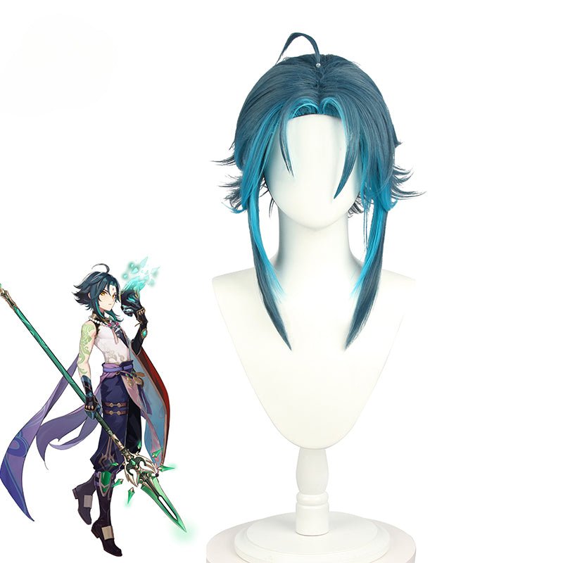 Xiao Cosplay Perücke Genshin Impact - 40cm Blau Mix Kurzhaarperücke aus hitzebeständigem Synthetikhaar