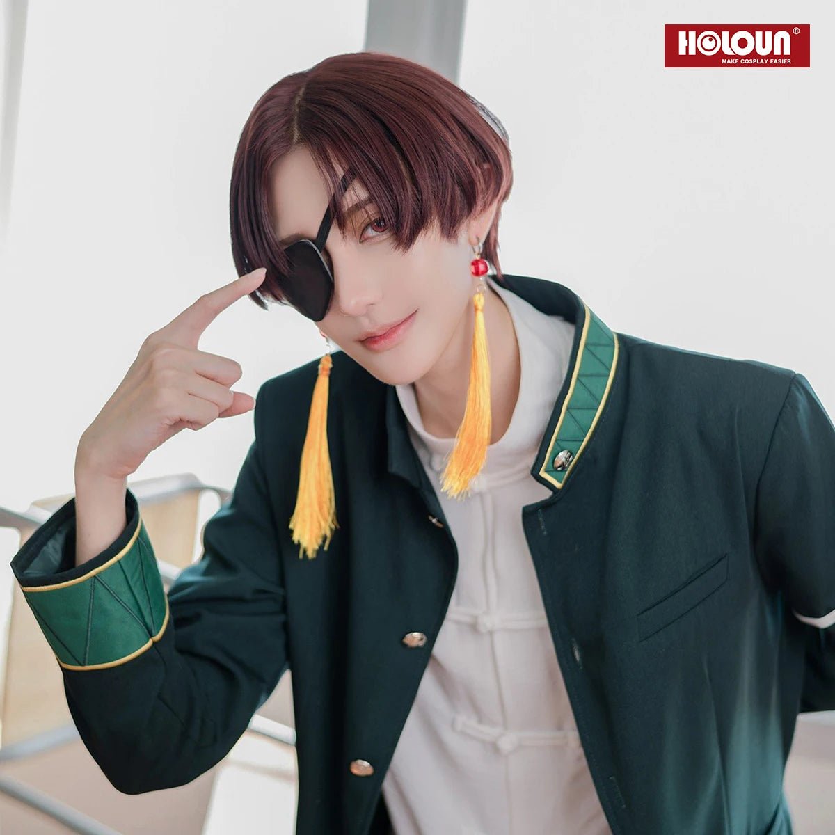Wind Breaker Anime Hayato Suo Cosplay Kostüm Grüne Jacke Schwarze Hose Weißes Kung Fu Hemd Ohrringe Augenklappe