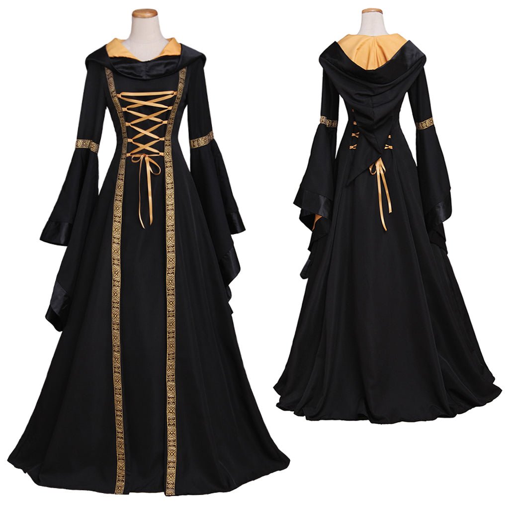 Maßgeschneidertes Renaissance Mittelalterliches Gotisches Langes Schwarzes Gekapptes Kleid für Frauen Halloween Ballkleider Kostüme