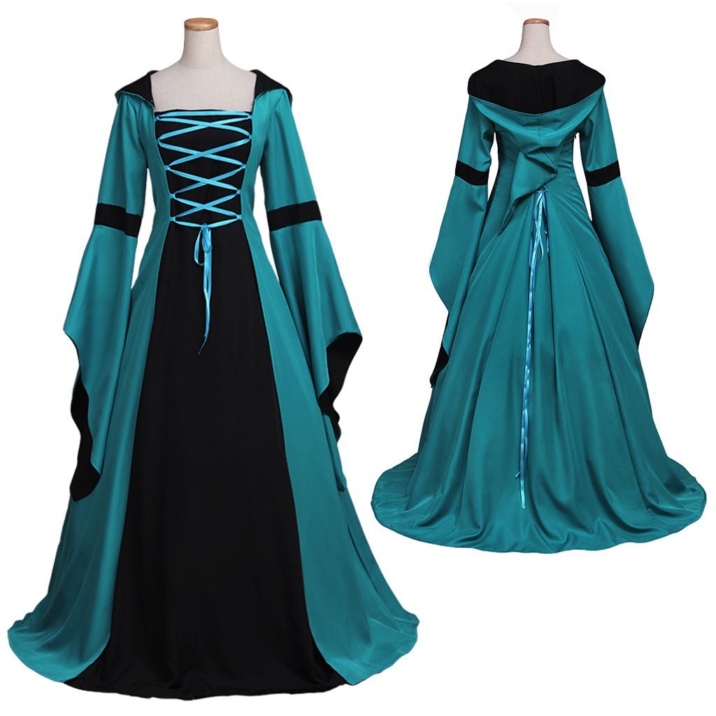 Neues Damen Vintage Mittelalter Kostüm Renaissance Viktorianisches Quadratisches Dekolleté Weite Ärmel Spitze Patchwork Kapuzen Gothic Kleid