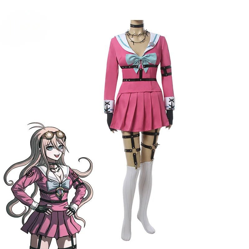 Spiel Danganronpa Miu Iruma Cosplay Kostüm Frauen Rosa Schuluniform Halloween Oberteil Rock Schleife Vollständiges Set
