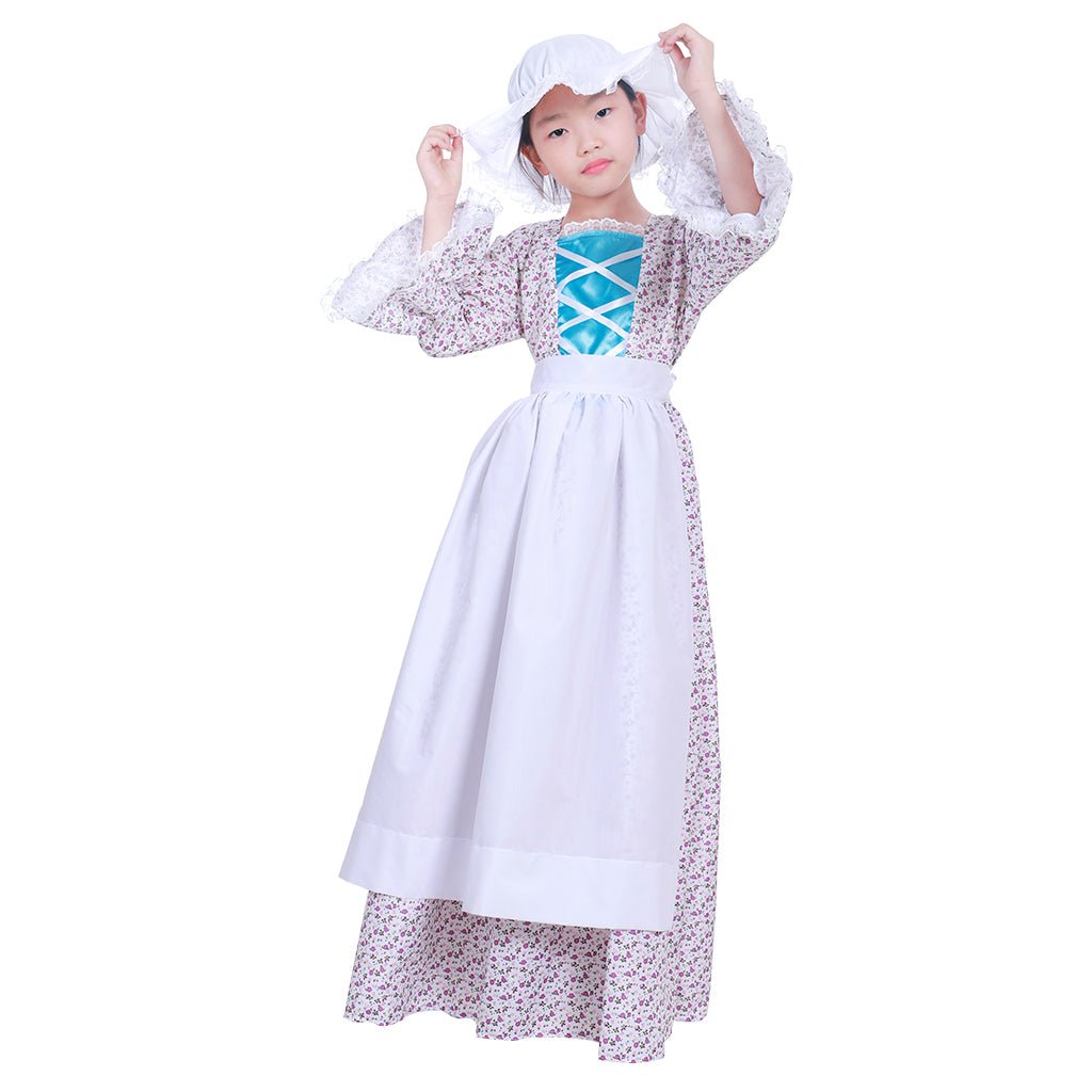 Nachstellung Pionier Prairie Kolonialmädchen Mädchen Kinder Kostüm Karneval Viktorianisch Mittelalter Cosplay Kinderkleid mit Hut