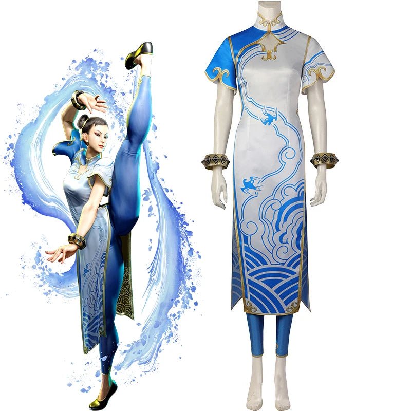 Spiel Chun Li Cosplay Fantasia Kostüm Frauen Elegantes Blaues Cheongsam Leggings Kleid Kampfanzug Halloween Weihnachts Kleid