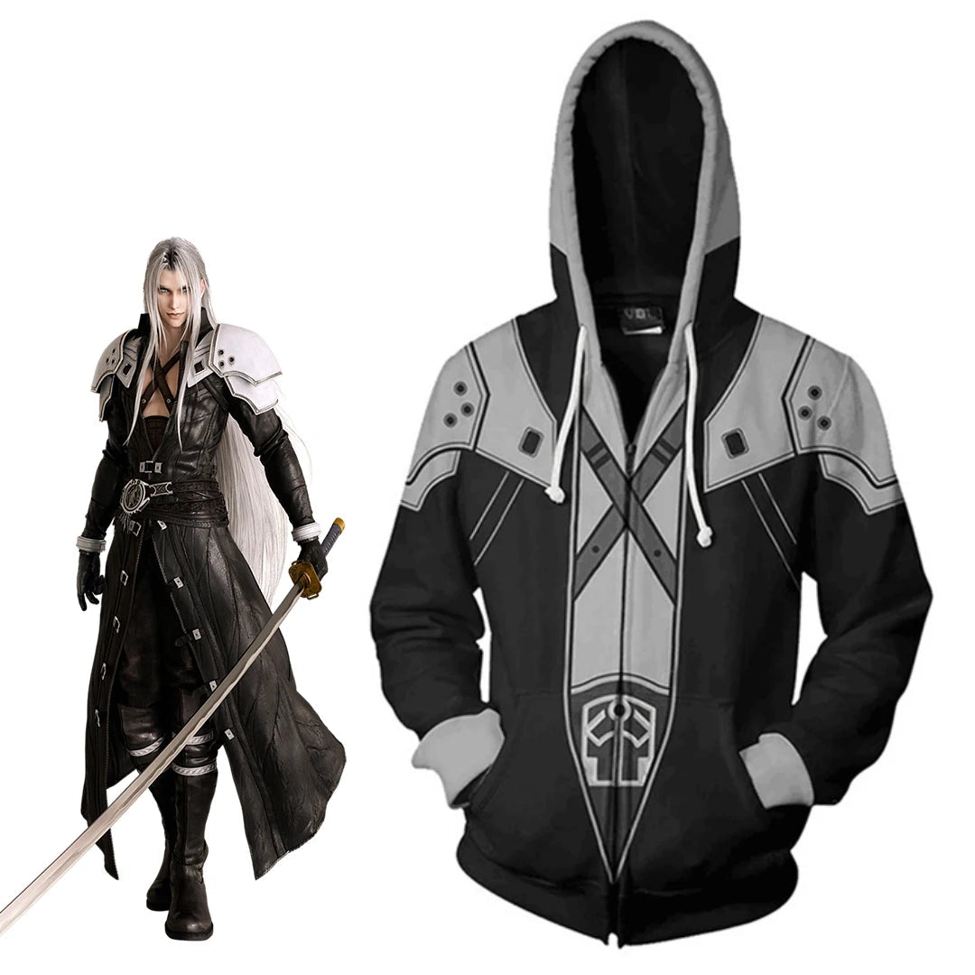 Game FFVII Rebirth Sephiroth Cosplay Pullover Unisex Vintage 3D gedruckt mit Kapuze Halloween Karneval Party Kampfmantel