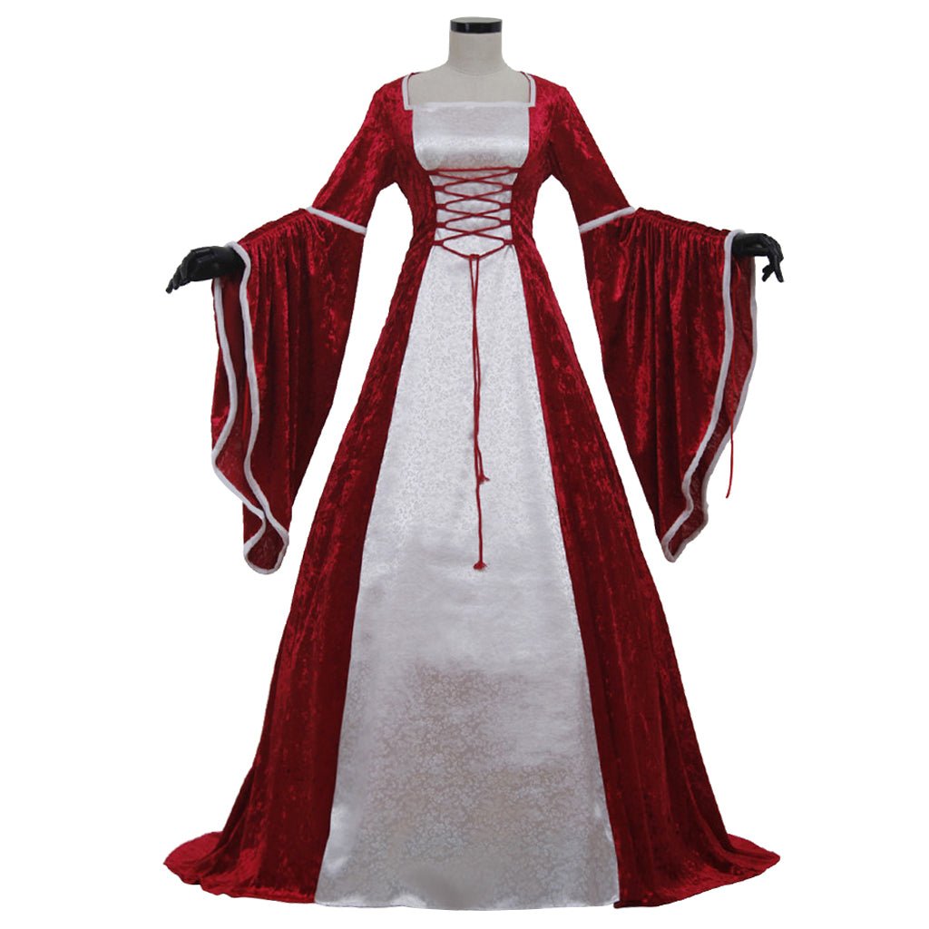 Renaissance Königin Cosplay Irisches Deluxe Samtkleid Viktorianisches Mittelalterliches Langkleid Retro Elegantes Kleid Halloween Kostüm - Rot