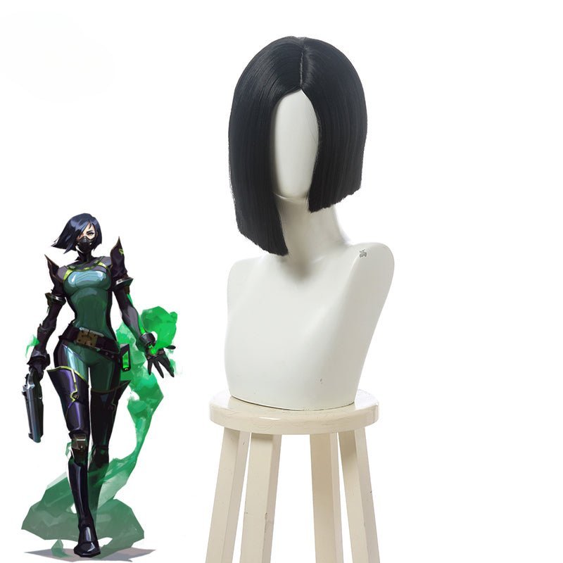 Spiel Valorant Viper Cosplay Perücken 35cm Kurze Schwarze Perücke Halloween Hitzebeständiges Synthetikhaar