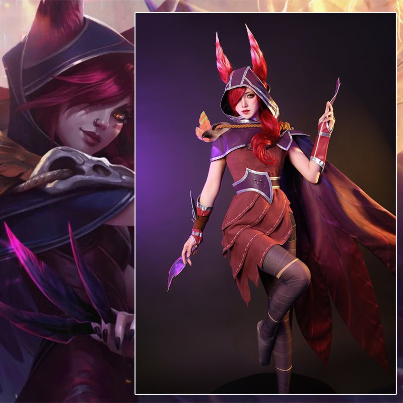LOL Die Rebellin Xayah Cosplay Kostüm Spiel LOL Xayah Neuer Champion Outfit Halloween Damen Anzug mit Umhang