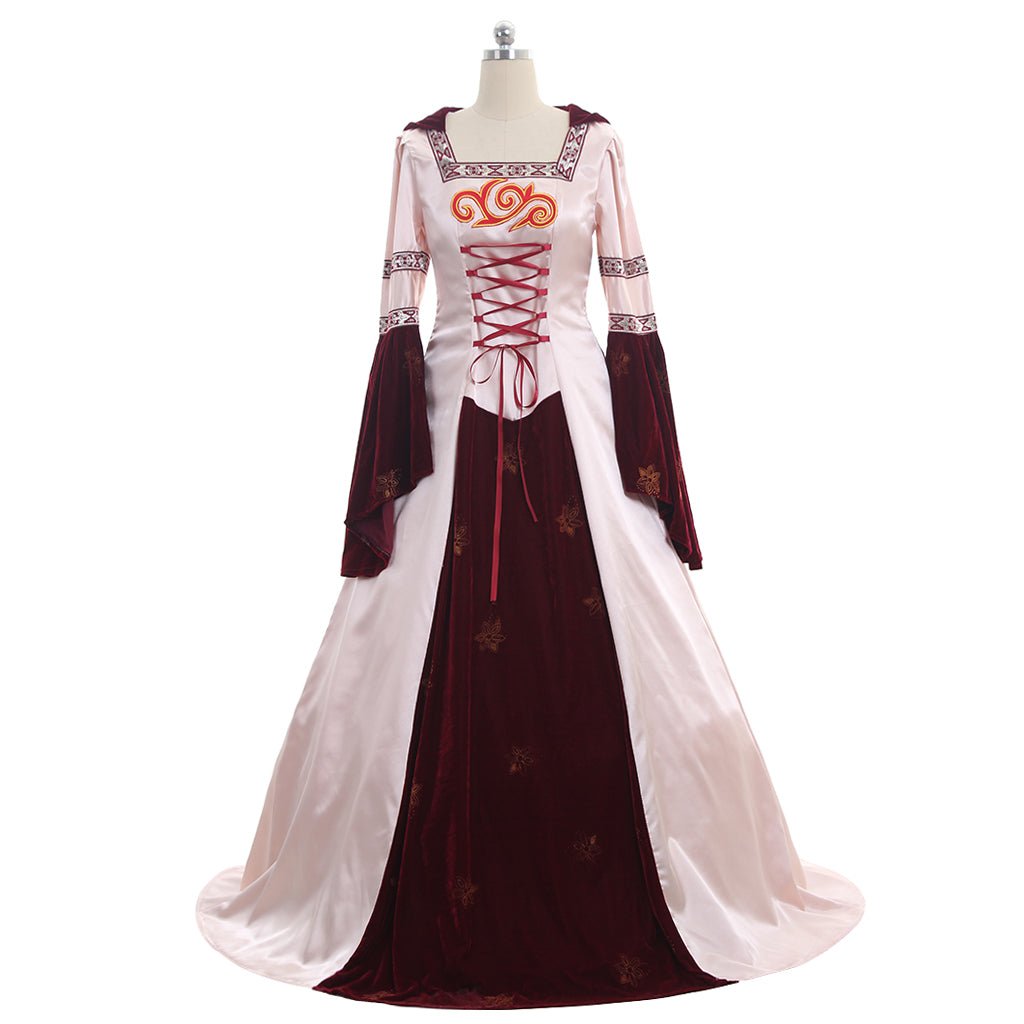Mittelalter Kleid Cosplay Lange Ärmel rosa mittelalterliches rosa Ballkleid Satin/Samt Kapuzenkleid maßgeschneidert