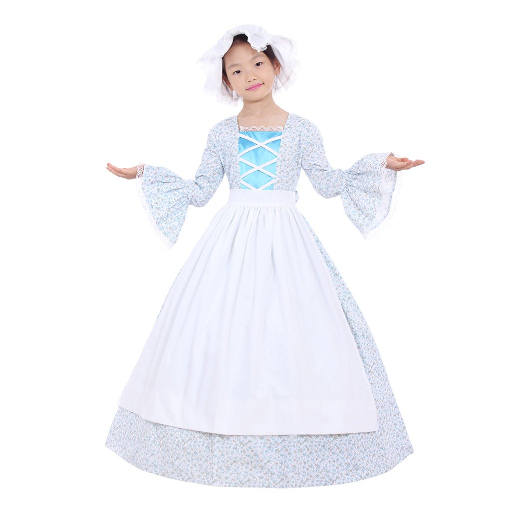 Koloniales Mädchen Cosplay Kostüm | Viktorianisches Mittelalter Kleid mit Hut & Blumenmuster für Kinder