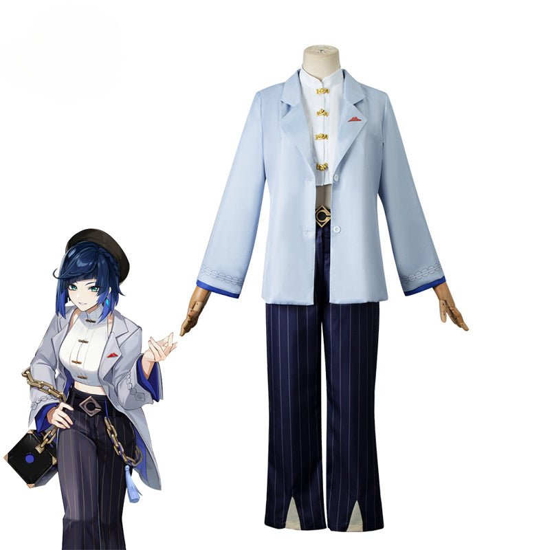Spiel Genshin Impact und Pizza Hut Yelan Cosplay Kostüm Halloween Party Outfit Yelan Blau Damen Anzug Komplettset