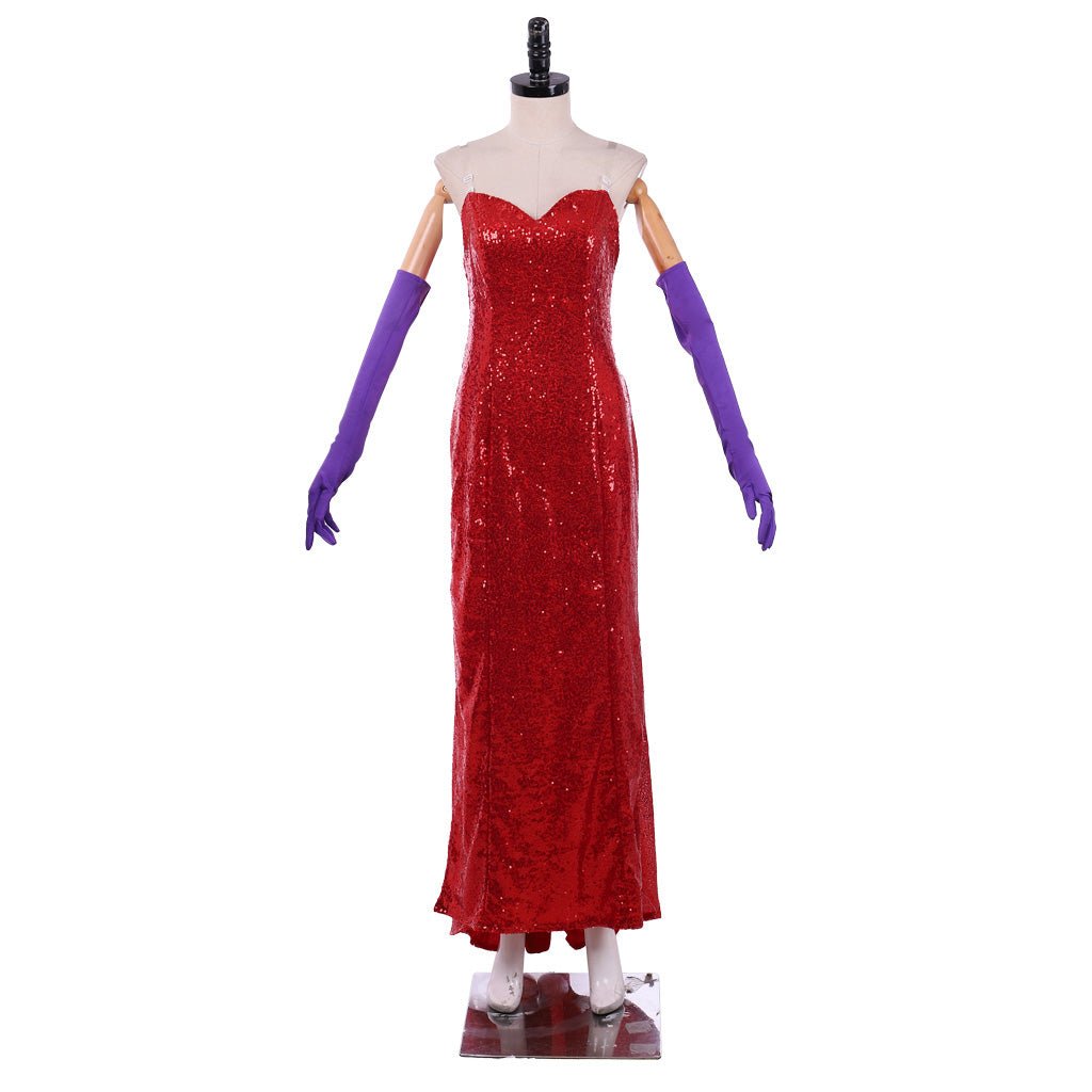 Jessica Rabbit Glanzvolles Rotes Sequin Cosplay Kleid mit Hohem Schlitz und Lila Handschuhen