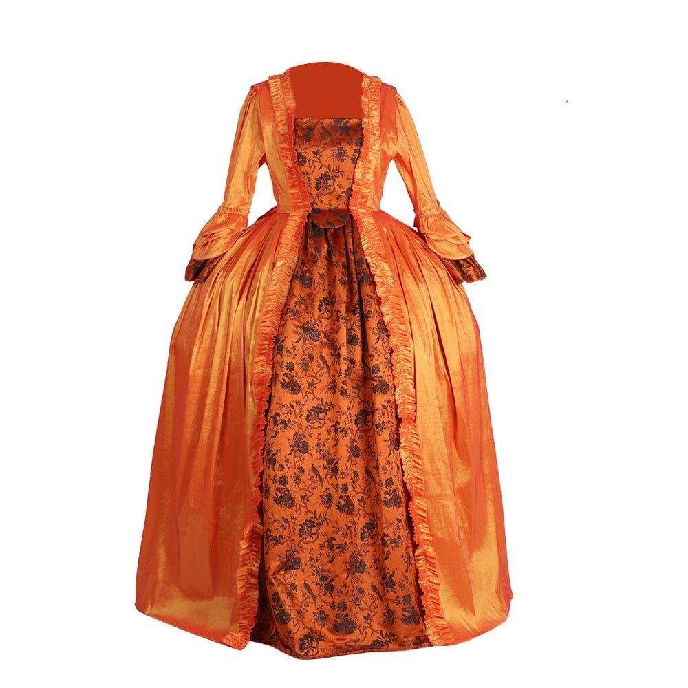 Rokoko Orange Brokatkleid mit Blumen Brustband - Ein lebendiges, mittelalterlich inspiriertes Kostüm von Silberkönig