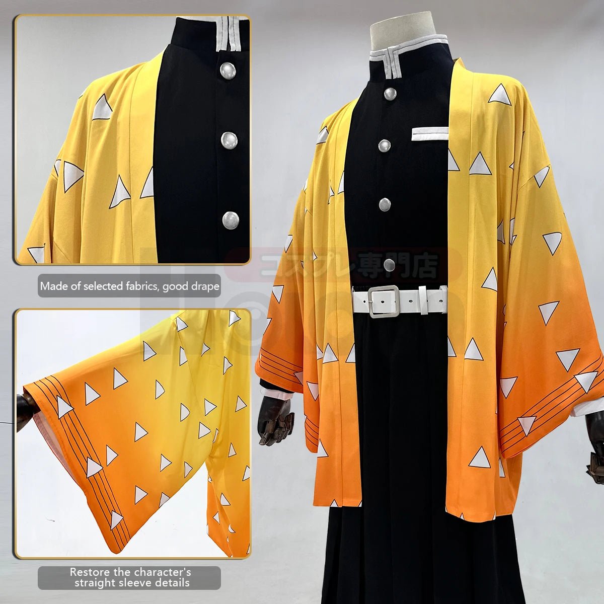 Anime Agatsuma Zenitsu Cosplay Kostüm Perücke Haori besticktes Oberteil elastische Hose Gürtel Rosen Netz für Halloween Weihnachten Geschenk