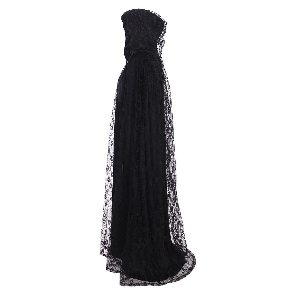 Langer Umhang mit Kapuze Steampunk Hexen Cape Schwarz Kapuze Spitze Langer Mantel Priesterin Halloween Kostüm