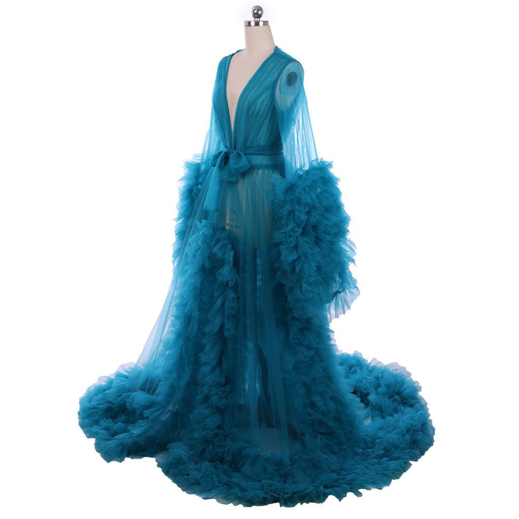 Elegantes Hochzeits Braut Boudoir Gewand | 18. Jahrhundert Mittelalter Blauer Sheer Tulle Langschlafanzug Kostüm für Frauen