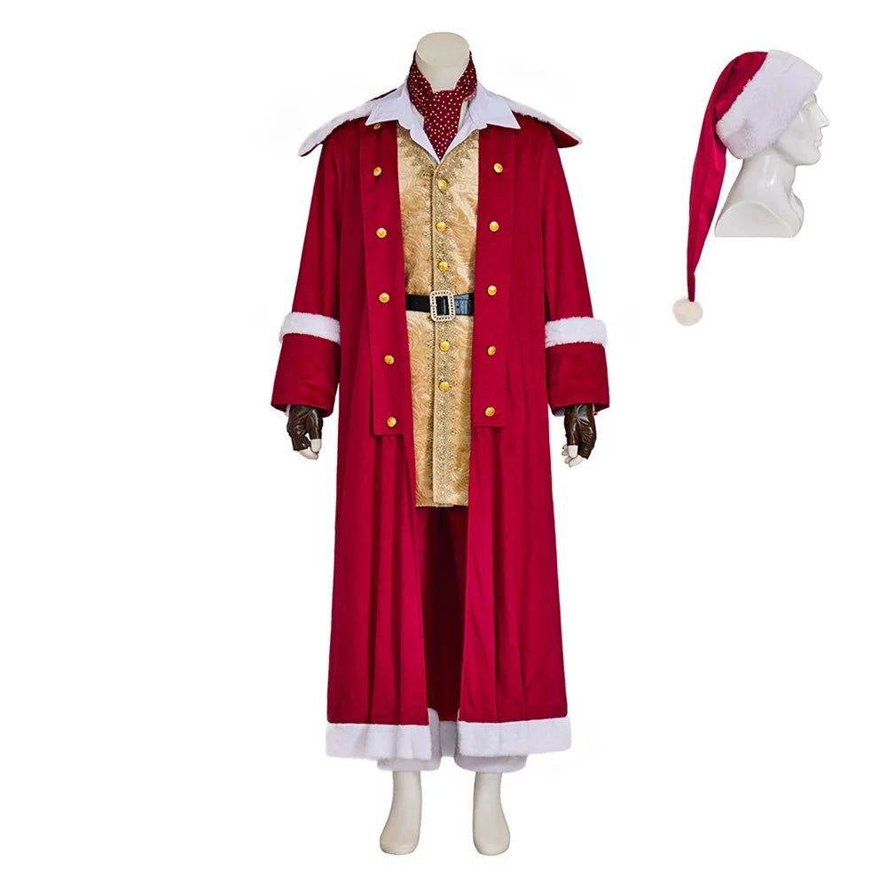Mittelalterliches Weihnachtsmann Cosplay Kostüm Roter Samt Jackenanzug Vollständiges Outfit