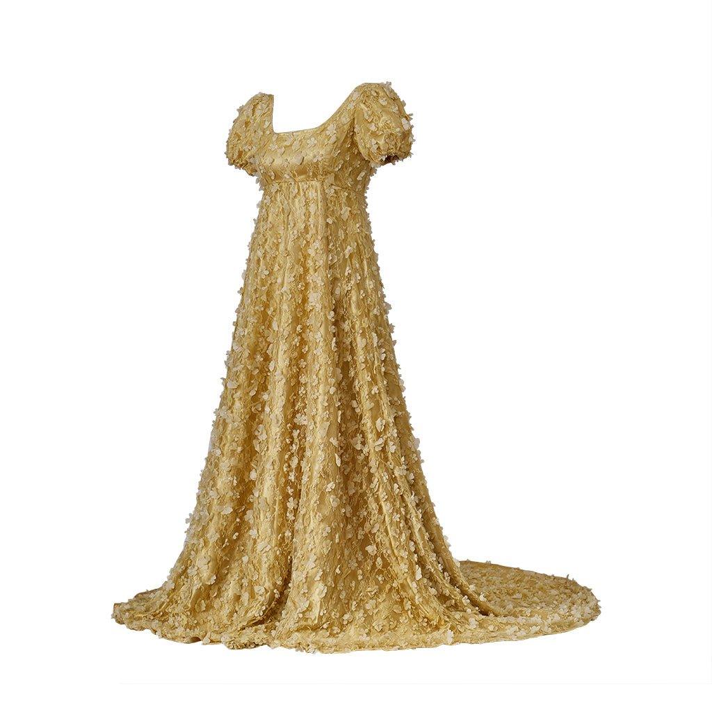 Gold gemustertes Seiden Empire Kleid - Historisches Regency Kleid für Bridgerton Cosplay, Halloween, Weihnachten, Tea Parties und Ballveranstaltungen