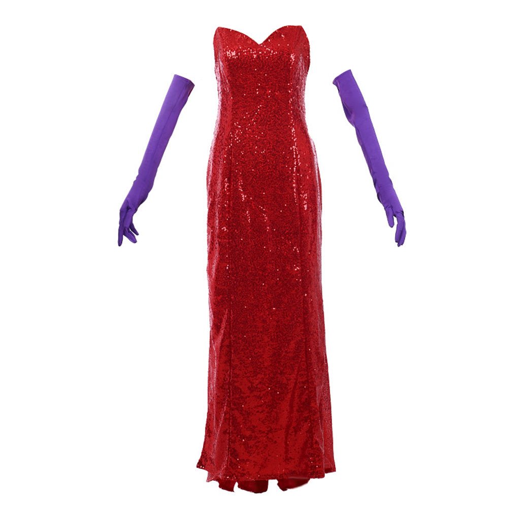 Jessica Rabbit Glanzvolles Rotes Sequin Cosplay Kleid mit Hohem Schlitz und Lila Handschuhen