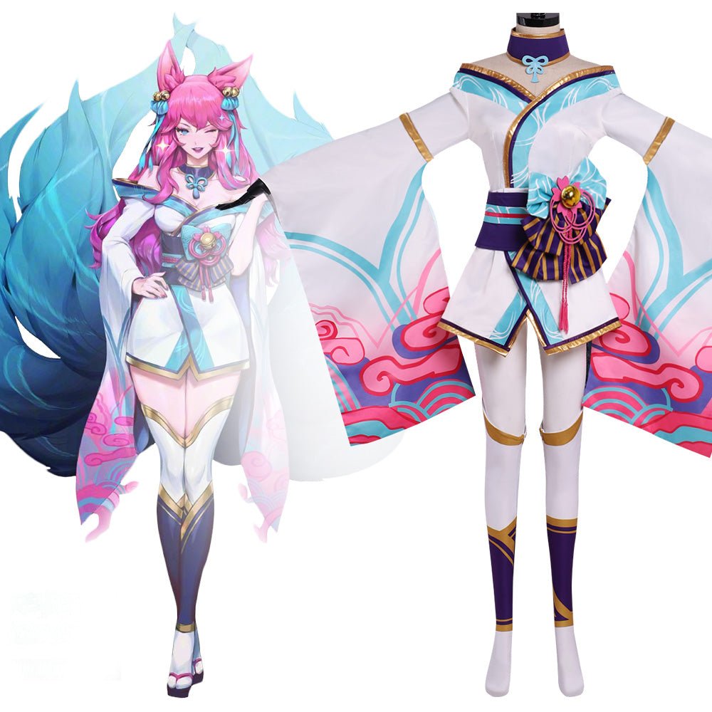 Ahri Spirit Blossom Cosplay Kostüm | League of Legends Neun-Schwanz-Fuchs Rollenspiel Kleid für Frauen