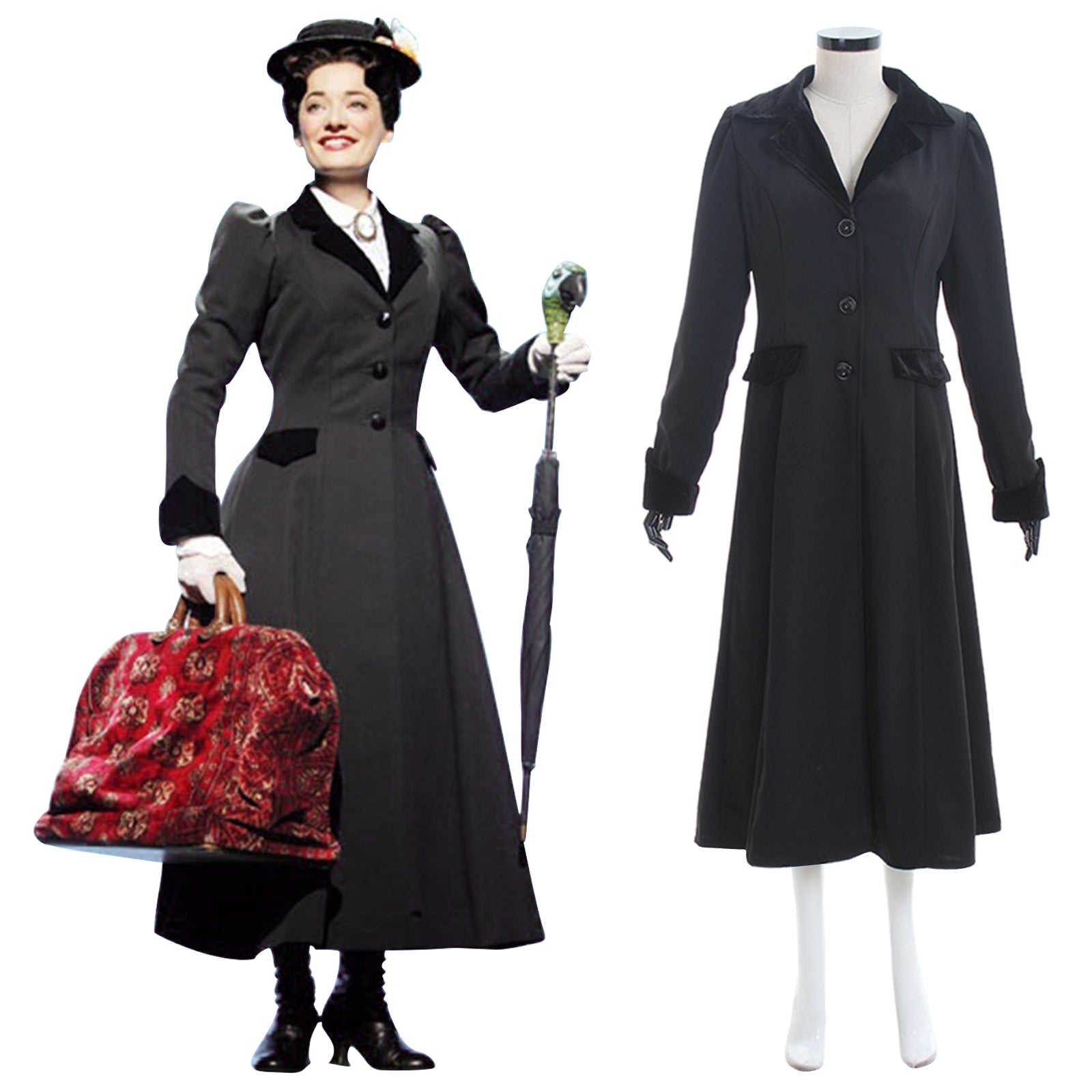 Mary Poppins Cosplay Kostüm Jacke Kleid Erwachsene Schwarz/Rot Kostüm Cosplay