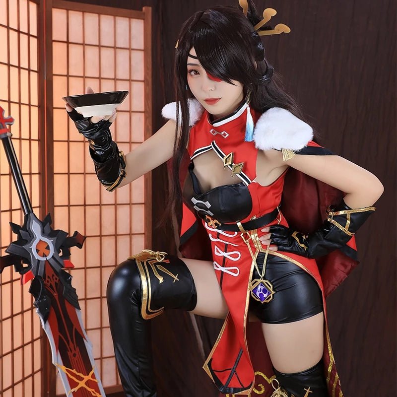 Spiel Genshin Impact Beidou Cosplay Kostüm Frauen Schwarz Rot Kostüm Halloween Kleidung Umhang Kopfbedeckung Vollständiges Set