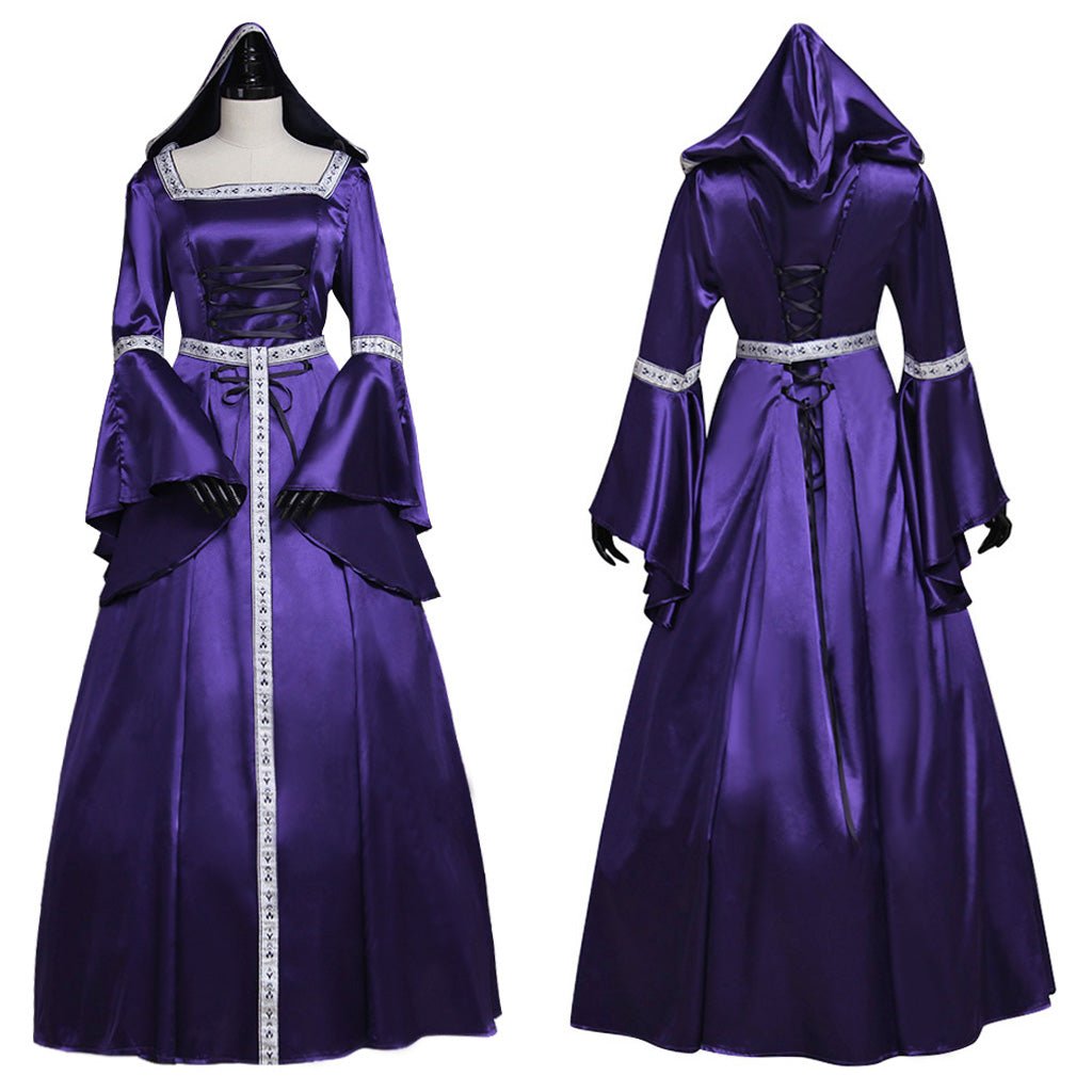 Mittelalterliches Vintage-Südkleid Halloween Damen Cosplay Hofadliges Gewand Antikes Glockenärmel Prinzessinnenkostüm Gekapptes Kleid
