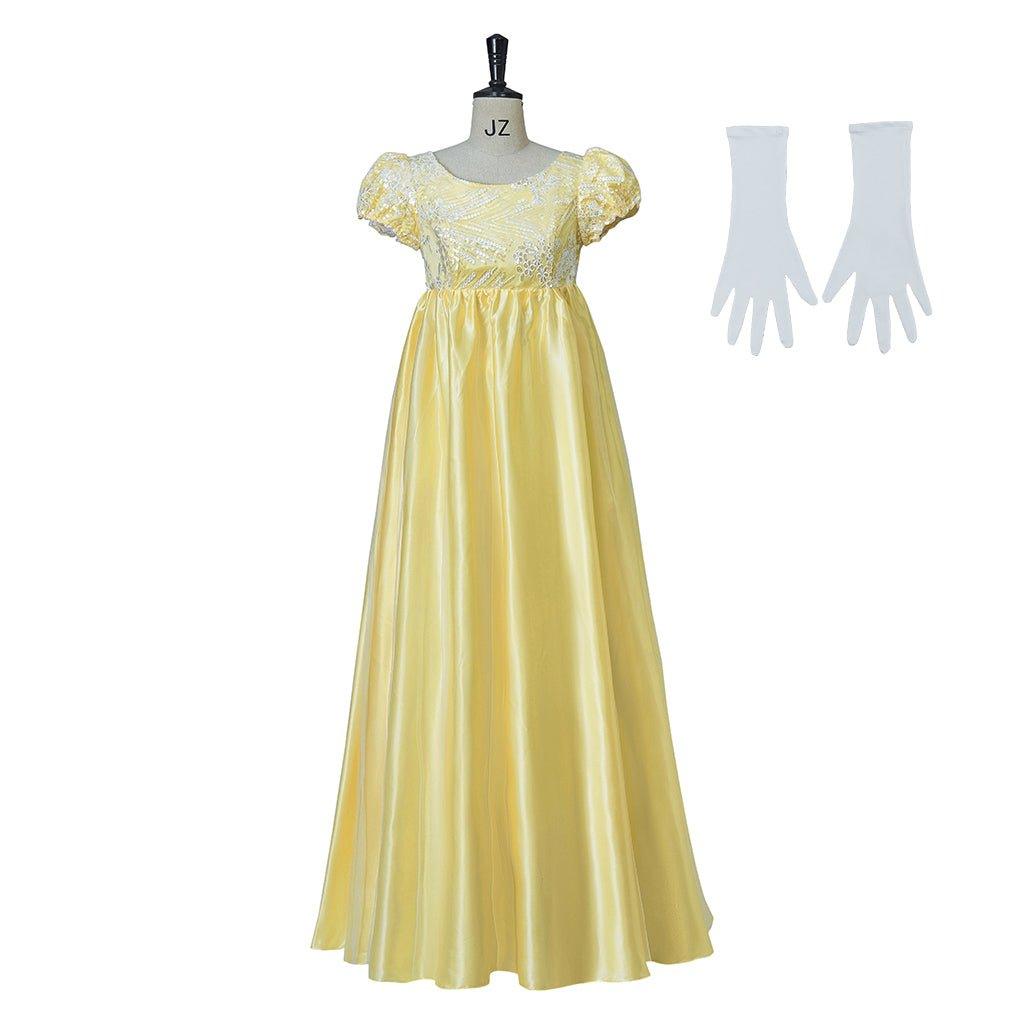 Gelbes Glitzerndes Seiden Empire Kleid | Regency Stil Cosplay Kostüm Inspiriert von Penelope Featherington