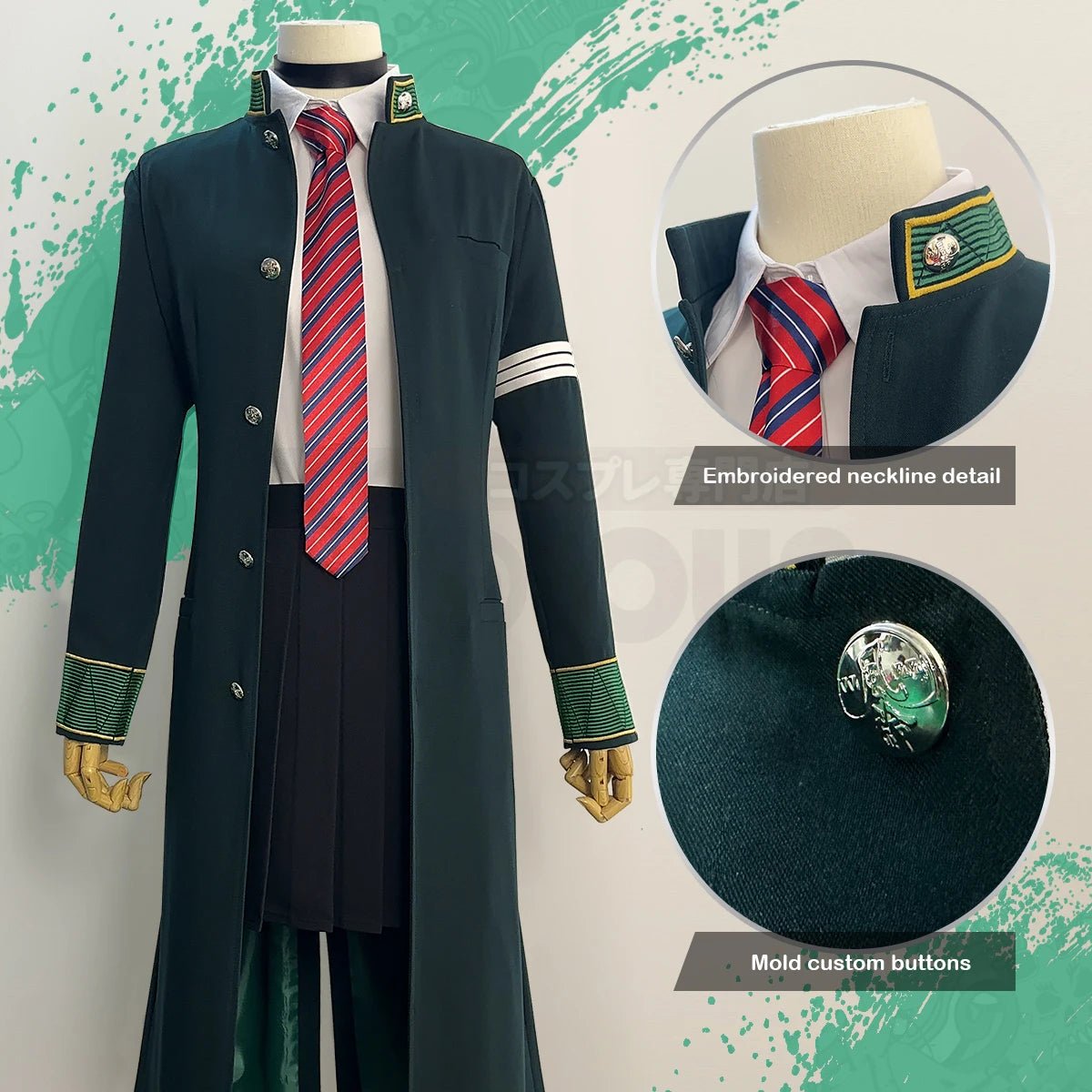 Wind Breaker Anime Tasuku Tsubakino Cosplay Kostüm Perücke Grüner Langer Trenchcoat Rock Weißes Hemd Choker Krawatte Schleife