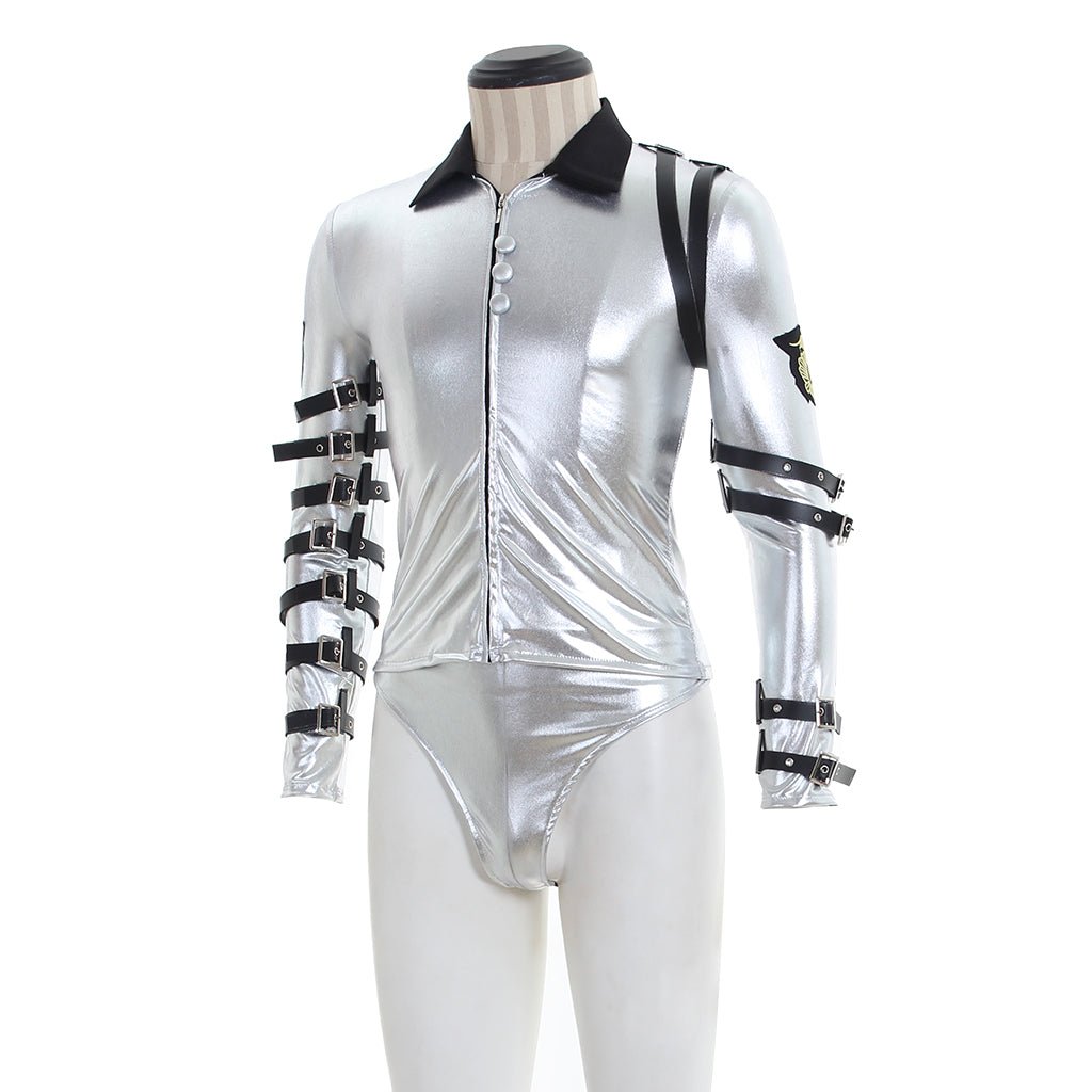 Punk Michael Jackson Klassiker BAD Tour Silber Glanz Bodysuit Jacke
