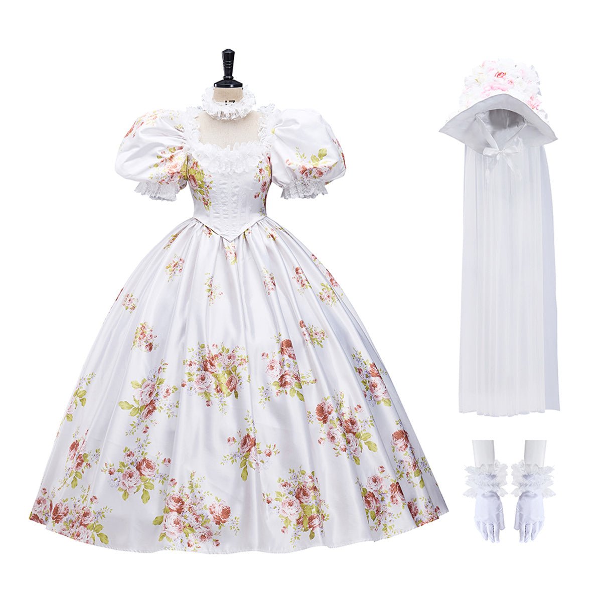 Elfenbein Ballkleid mit Blumen und Puffärmeln Elegantes Abendkleid Cosplay Kostüm