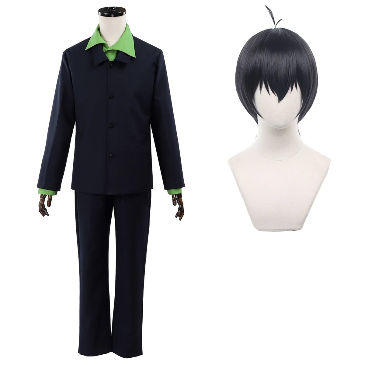 Blue Lock Anime Isagi Cosplay Kostüm Perücke Grünes Hemd Schwarze Hose Tägliches Tragen Outfit Rose Netz Synthetische Faser Geschenk