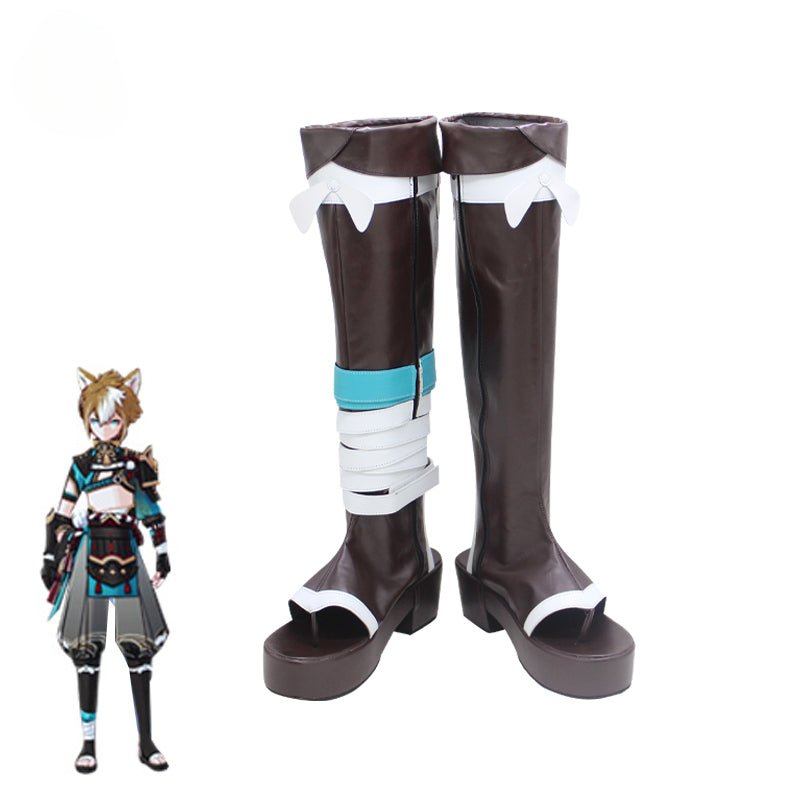 Spiel Genshin Impact Gorou Cosplay Stiefel Hohe Stiefel Cosplay Gorou Schwarze Stiefel für Frauen und Männer Cosplay Halloween Stiefel
