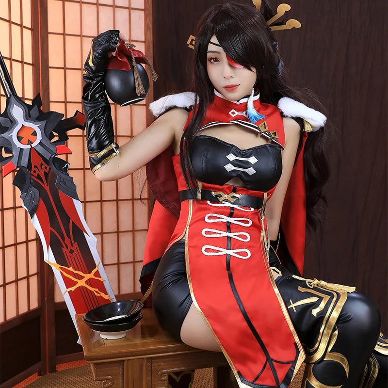 Spiel Genshin Impact Beidou Cosplay Kostüm Frauen Schwarz Rot Kostüm Halloween Kleidung Umhang Kopfbedeckung Vollständiges Set
