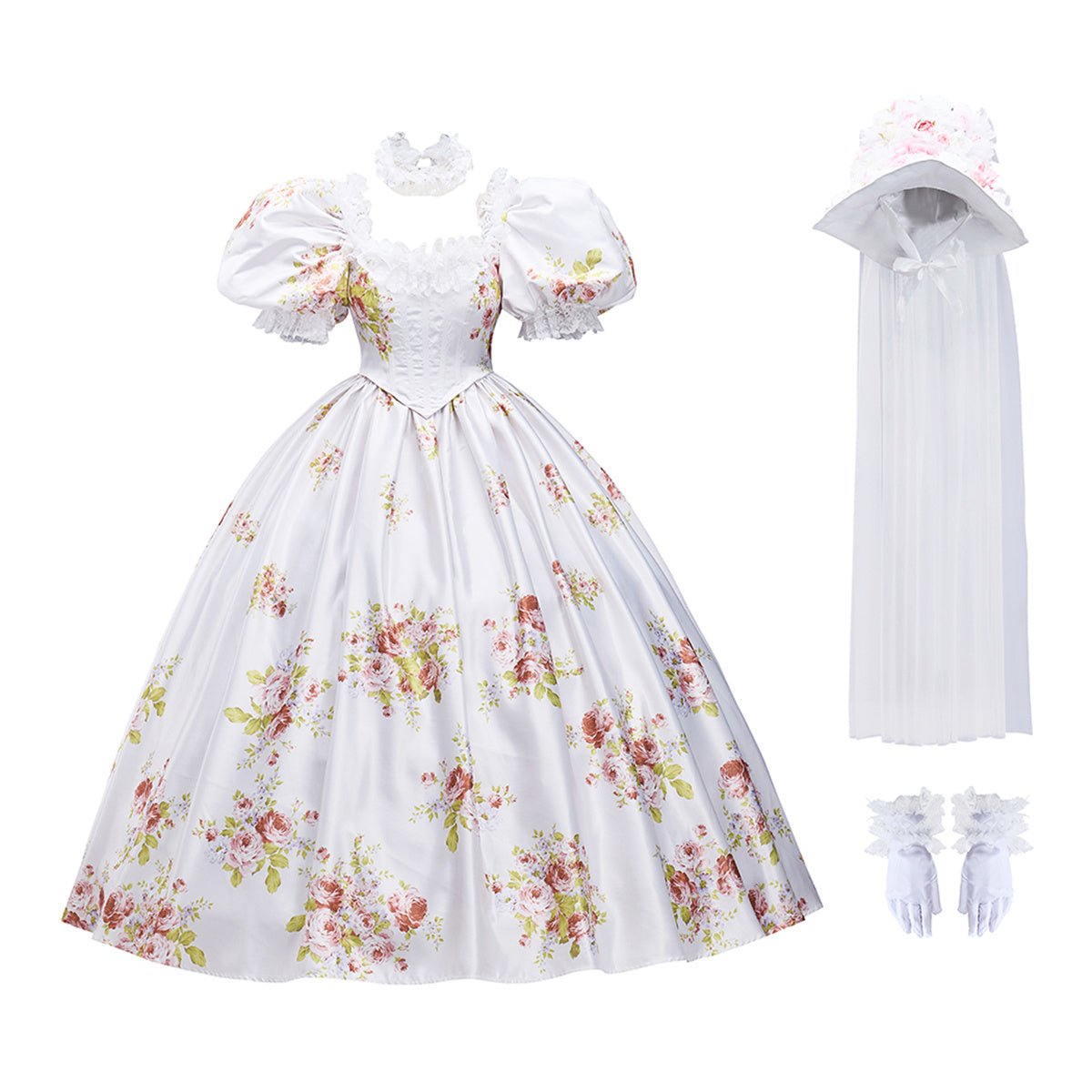 Elfenbein Ballkleid mit Blumen und Puffärmeln Elegantes Abendkleid Cosplay Kostüm