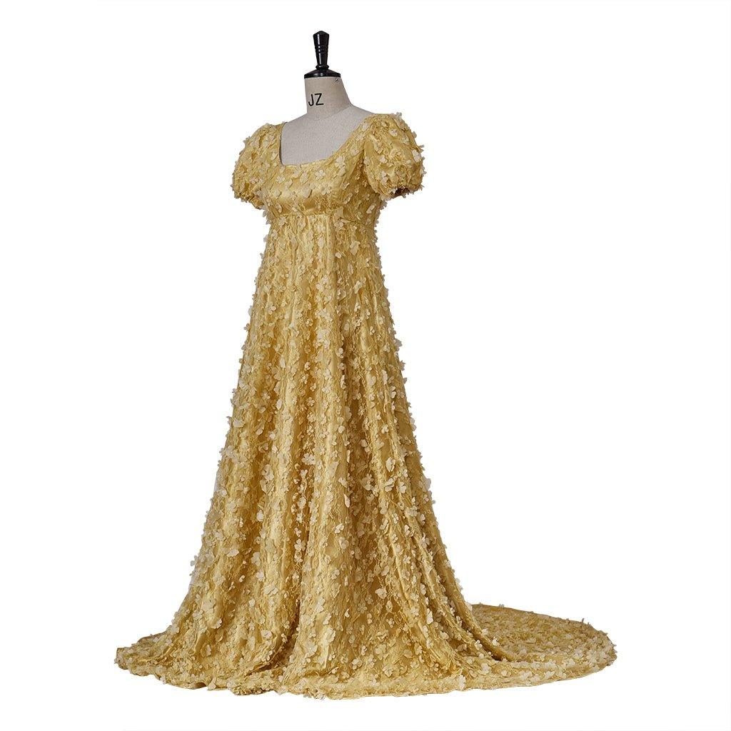 Gold gemustertes Seiden Empire Kleid - Historisches Regency Kleid für Bridgerton Cosplay, Halloween, Weihnachten, Tea Parties und Ballveranstaltungen