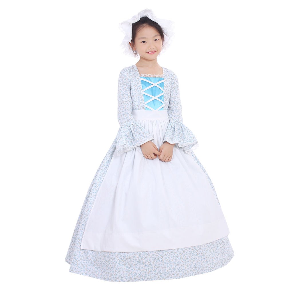 Koloniales Mädchen Cosplay Kostüm | Viktorianisches Mittelalter Kleid mit Hut & Blumenmuster für Kinder