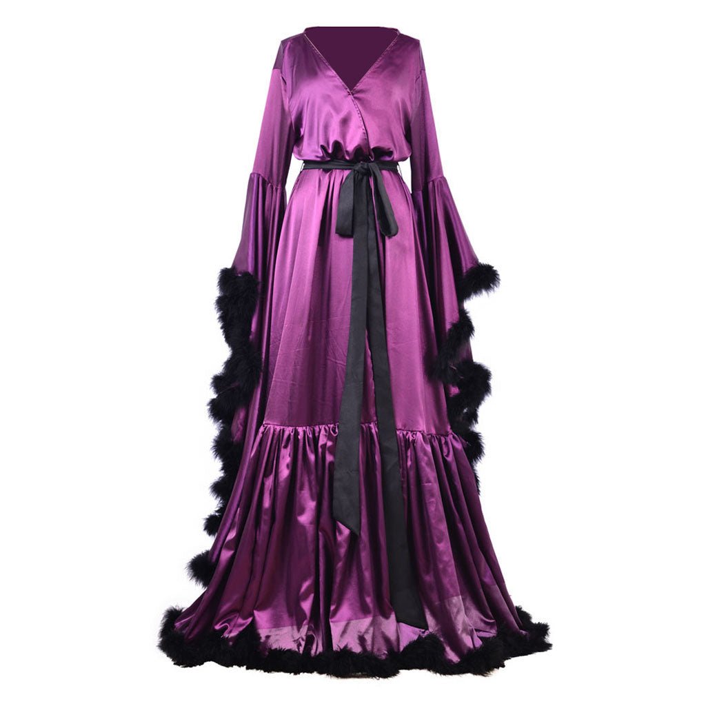 Mittelalterliche Damenrobe Nachthemd Vintage Hochzeits Braut Boudoir Robe Lila Luxus Abendkleid Federbesatz Kimono Nachthemd