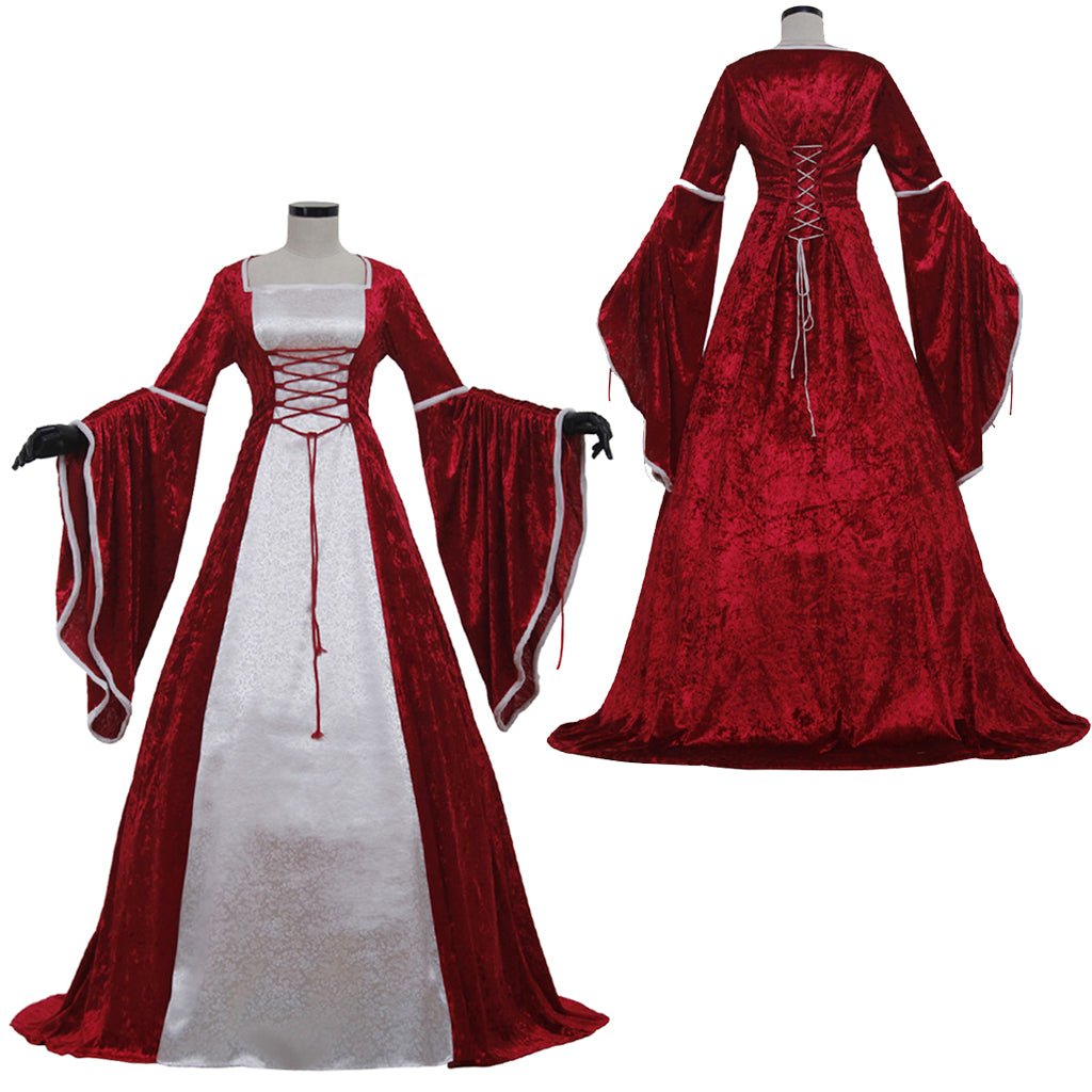 Renaissance Königin Cosplay Irisches Deluxe Samtkleid Viktorianisches Mittelalterliches Langkleid Retro Elegantes Kleid Halloween Kostüm - Rot