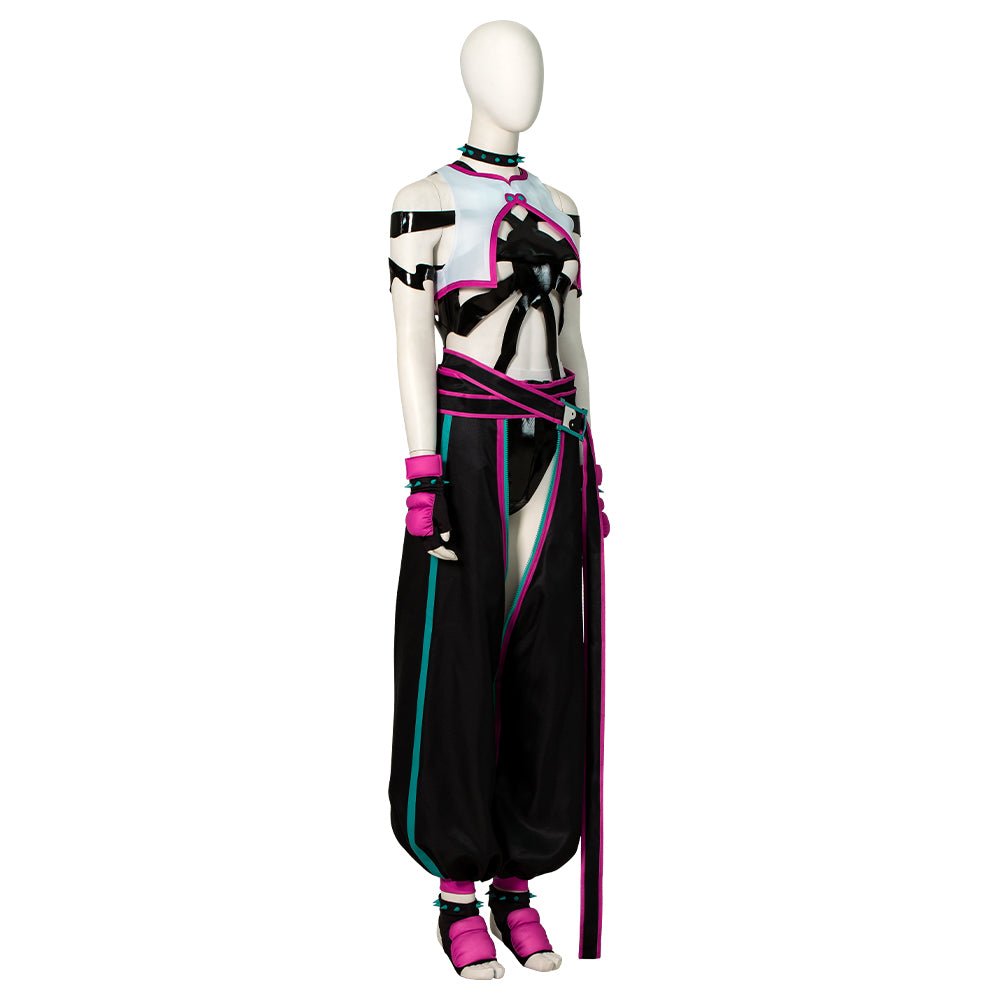 Street Fighter 6 Juri Cosplay Kostüm - Hollow Bodysuit Weste Hose Set mit Handschuhen Gürtel