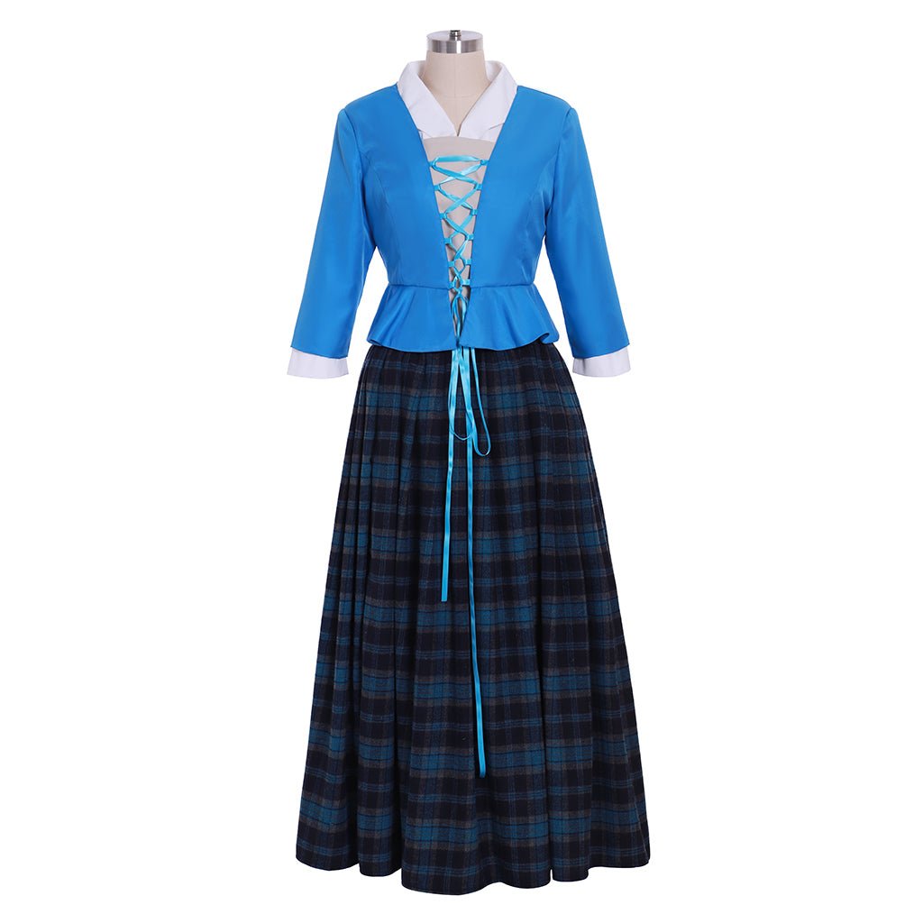 Outlander Claire Cosplay Kostüm | Schottisches Highland Blau Kleid mit Karriertem Faltenrock