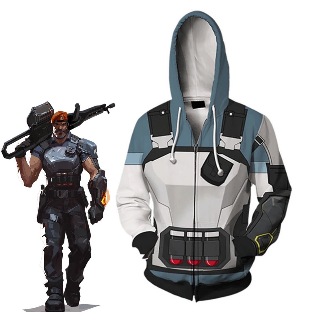 Game Valorant Brimstone Cosplay Reißverschluss Kapuzensweatshirt für Frauen & Männer 3D Druck Pullover Halloween Karneval Party