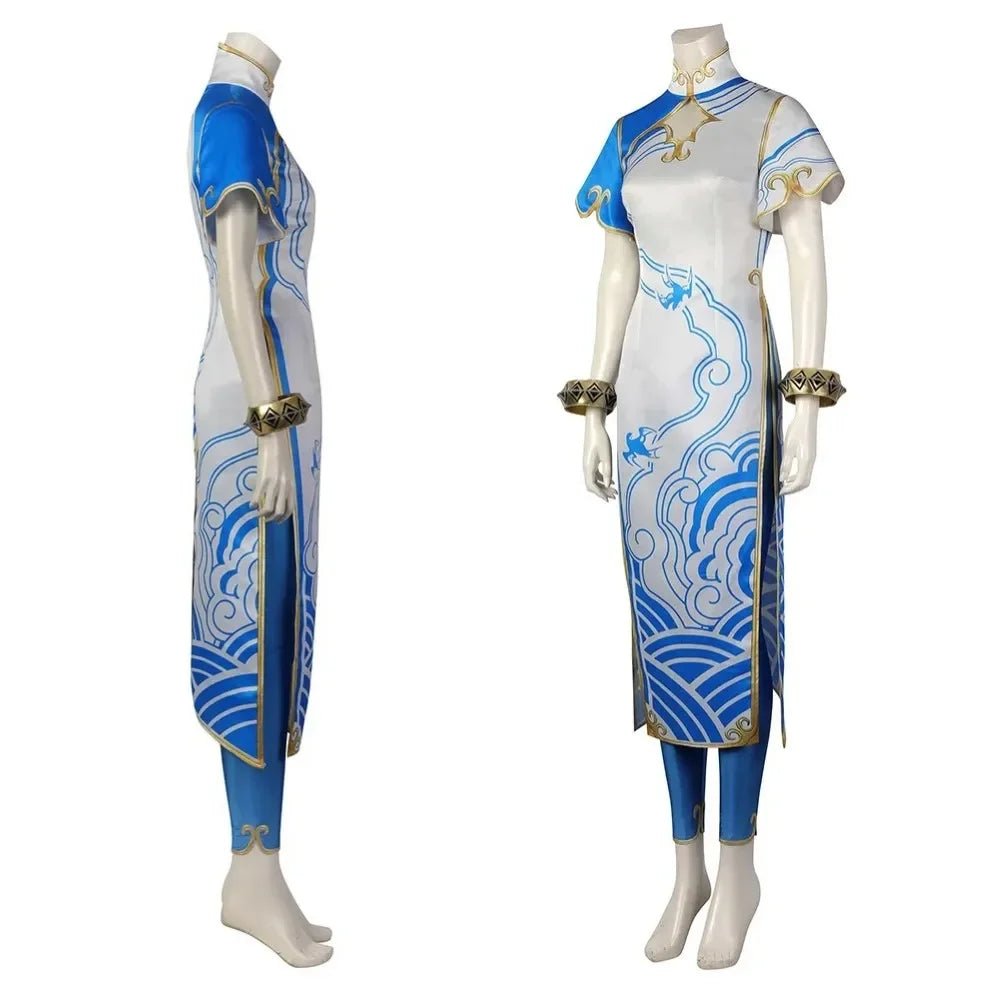 Spiel Chun Li Cosplay Fantasia Kostüm Frauen Elegantes Blaues Cheongsam Leggings Kleid Kampfanzug Halloween Weihnachts Kleid