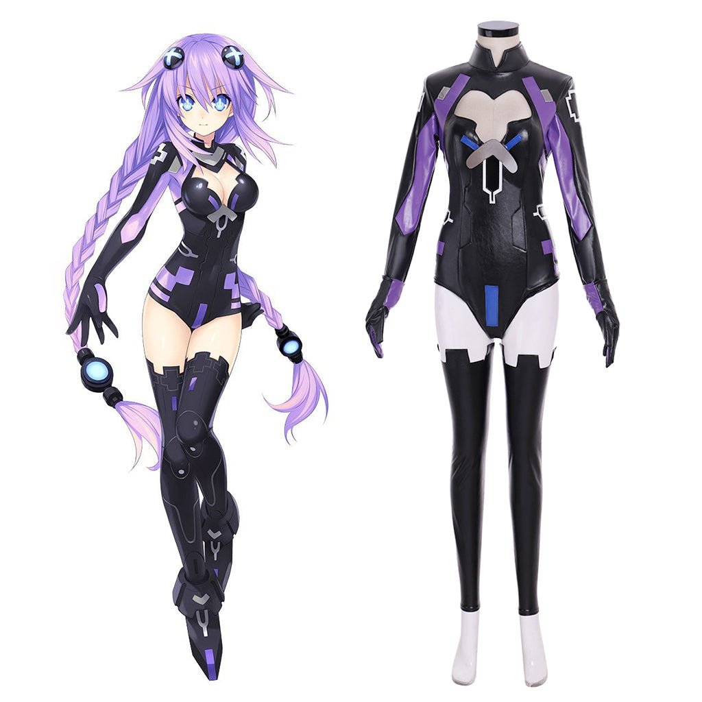 Game Nepgear Cosplay Kostüm - Schwarz Lila Schwester Jumpsuit für Frauen | Leder Bodysuit