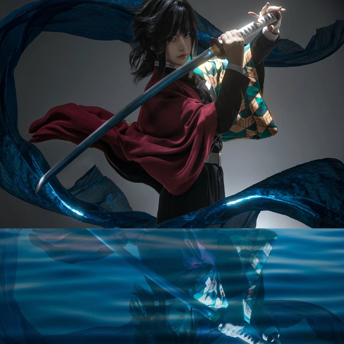 Anime Tomioka Giyuu Cosplay Kostüm Perücke Haori Besticktes Oberteil Elastische Hose Gürtel Rose Netz für Halloween Weihnachten