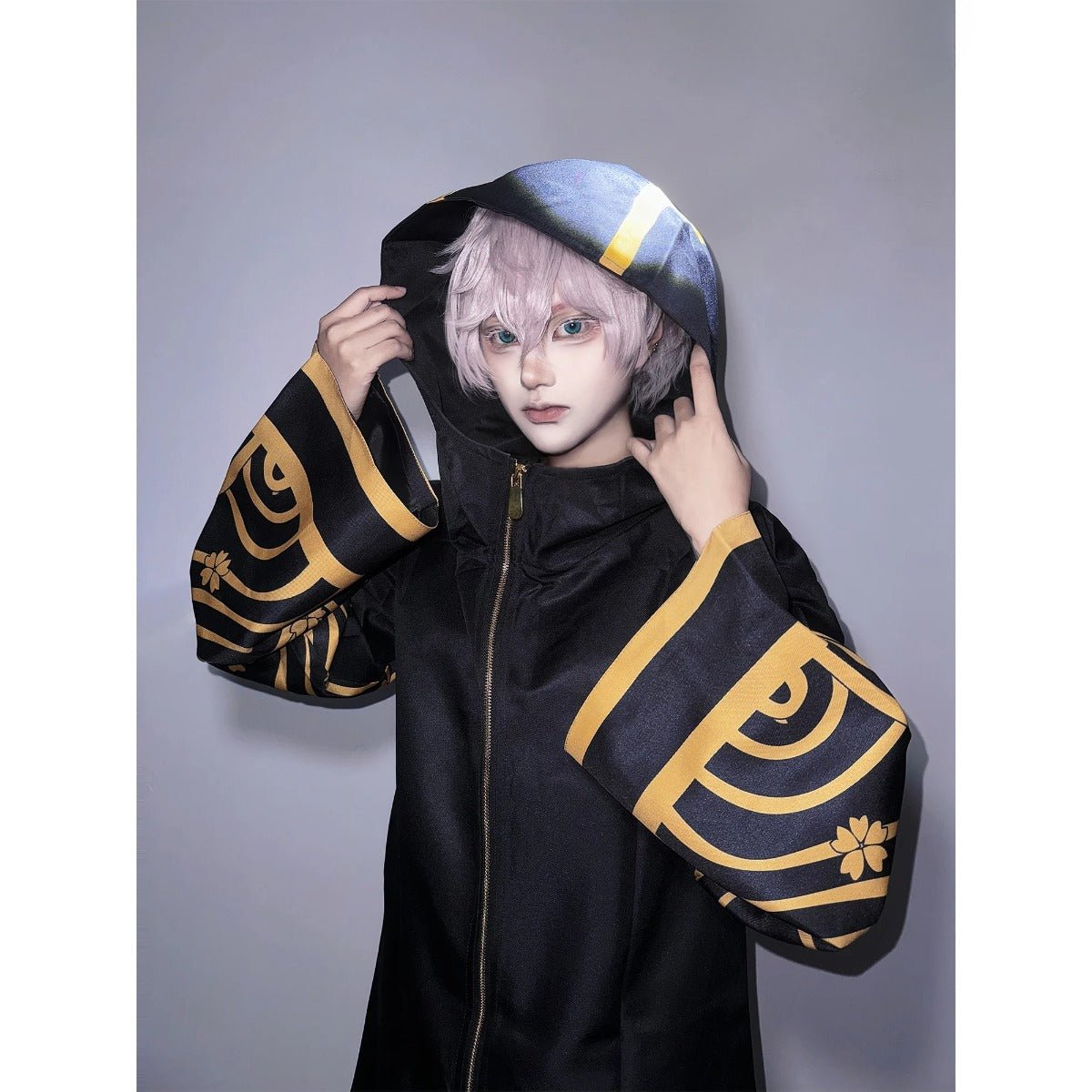 Tokyo Anime Brahman Senju Kawaragi Cosplay Kostüm Goldene Schwarze Jacke Mantel Übergröße Sakura Druck Halloween Weihnachten